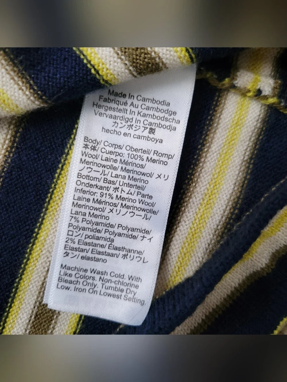 J. Crew Carolyn Sweater Tee Striped Merino Wool Navy Blue Yellow Crew Neck Small